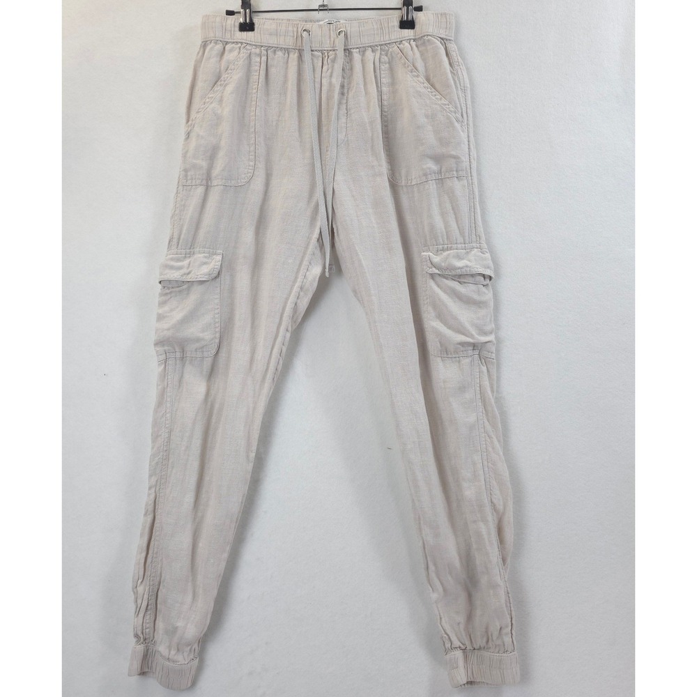Nicole Miller Linen Cargo Joggers Drawstring Oatmeal Beige Women M Coastal Boho